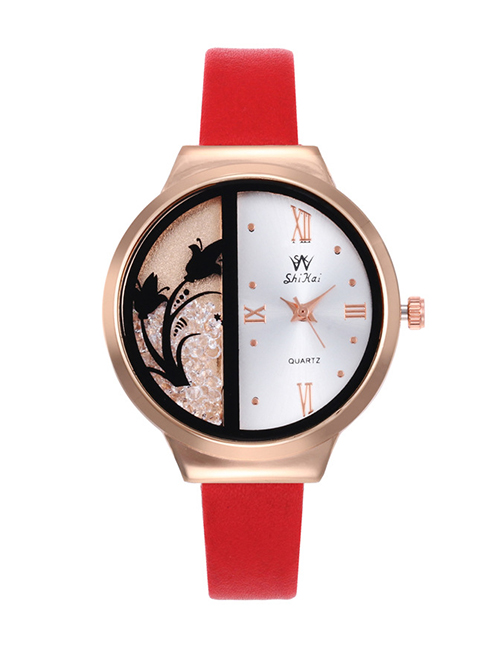 Fashion Red Diamond&flowers Decorated Round Dial Watch