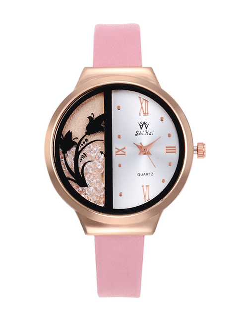 Fashion Pink Diamond&flowers Decorated Round Dial Watch