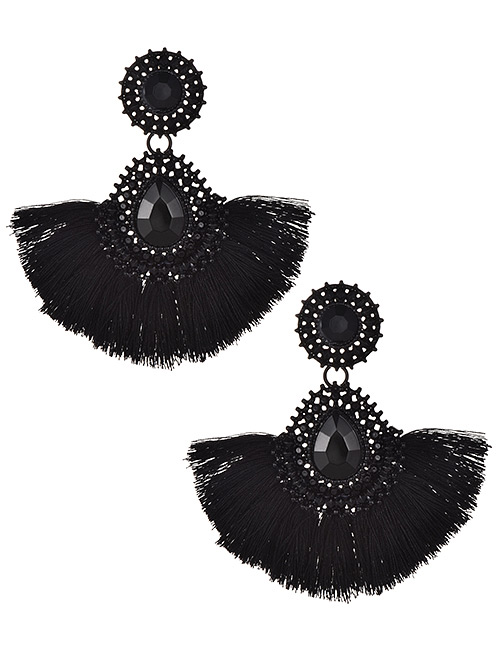 Fashion Black Water Drop Shape Decorated Tassel Earrings