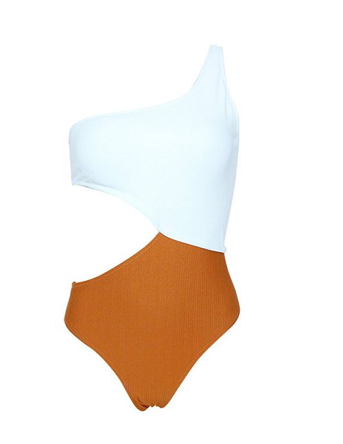 Fashion White + Caramel Solid Color Striped Bikini Split Triangle Swimsuit