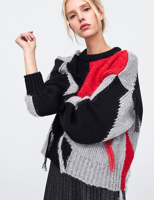 Fashion Stitching Sweater Fringed Contrast Knit Sweater