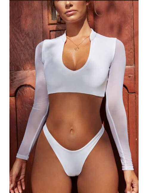 Fashion White Long Sleeve Mesh Bikini One-piece Swimsuit