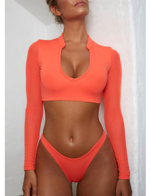 Fashion Orange Pink Long Sleeve Mesh Bikini One-piece Swimsuit