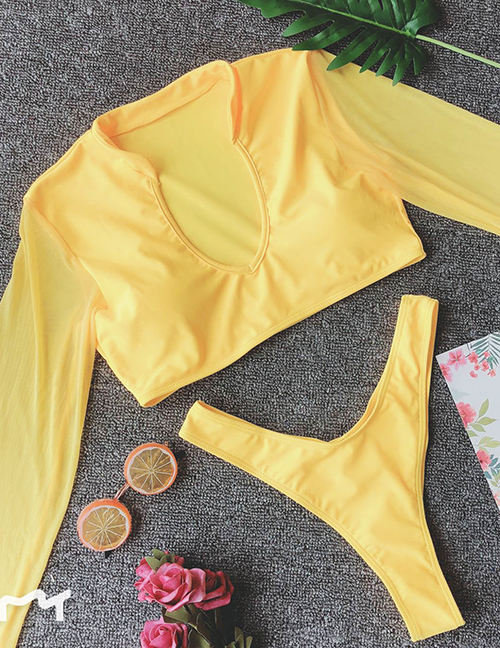 Fashion Bright Yellow Long Sleeve Mesh Bikini One-piece Swimsuit