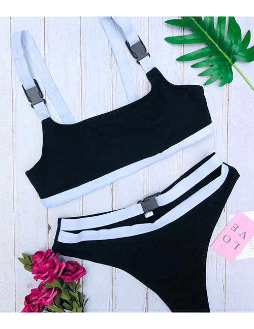 Fashion A122 Black And White Solid Color Buckle Split Swimsuit