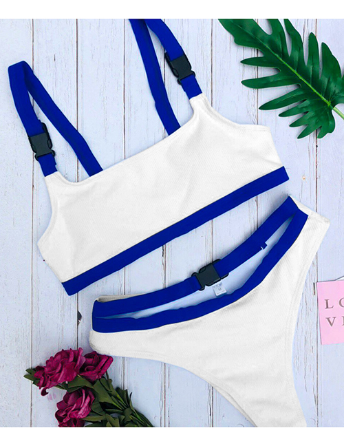 Fashion A122 White Blue Solid Color Buckle Split Swimsuit