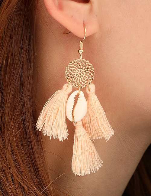 Fashion Pink Shell Conch Hollow Metal Flower Long Tassel Earrings