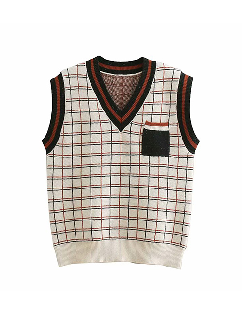 Fashion Beige Square Lattice V-collar Color Core-spun Yarn Knit Vest