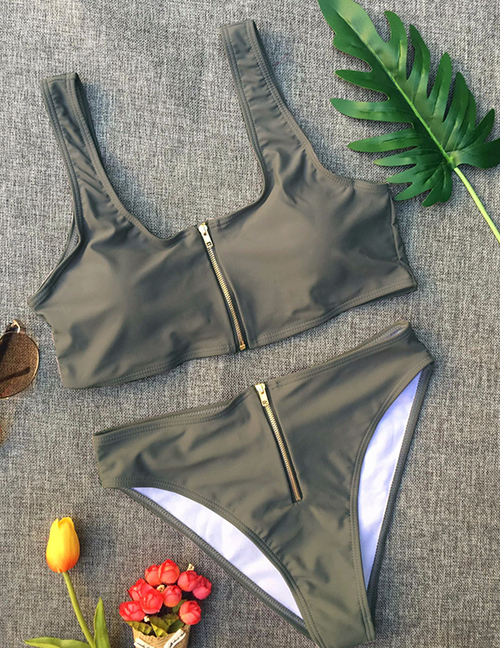 Fashion Gray-green Solid Color High Waist Zipper Split Swimsuit