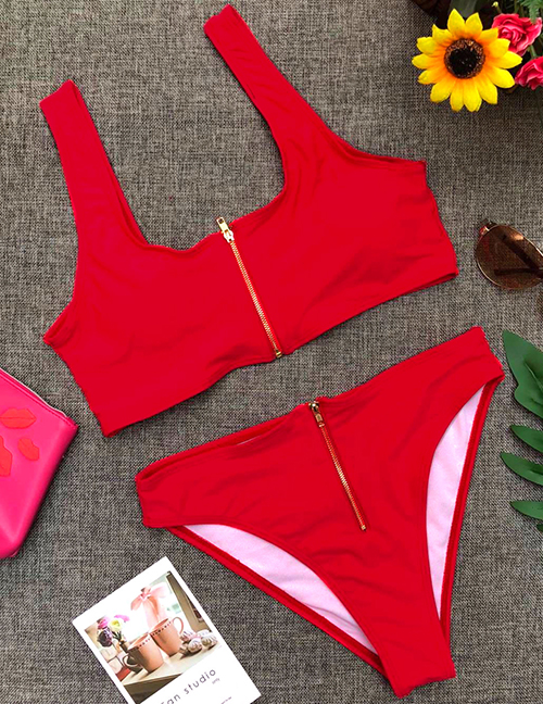 Fashion Big Red Solid Color High Waist Zipper Split Swimsuit