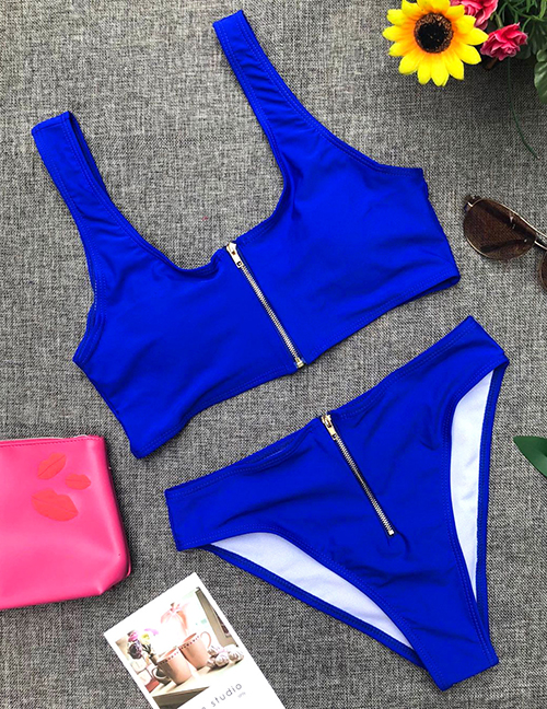Fashion Navy Blue Solid Color High Waist Zipper Split Swimsuit
