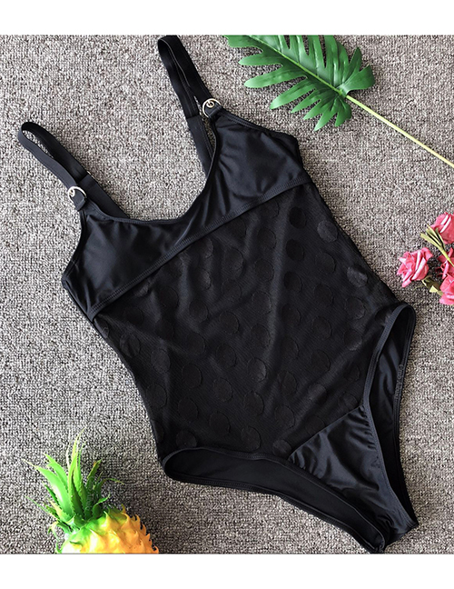 Fashion Black Strap Mesh Wave Point One-piece Swimsuit