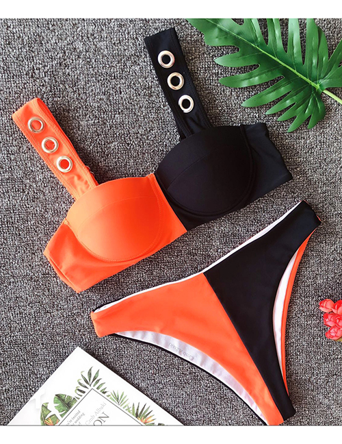 Fashion Black Orange Red Hard Bag Stitching Metal Buckle Bikini Split Swimsuit