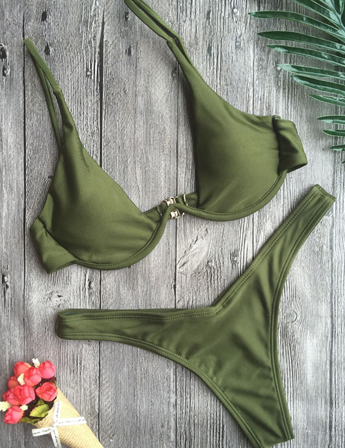 Fashion Armygreen Gather Steel Plate Split Bikini