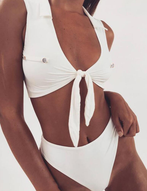 Fashion White Studded Solid Color Bikini