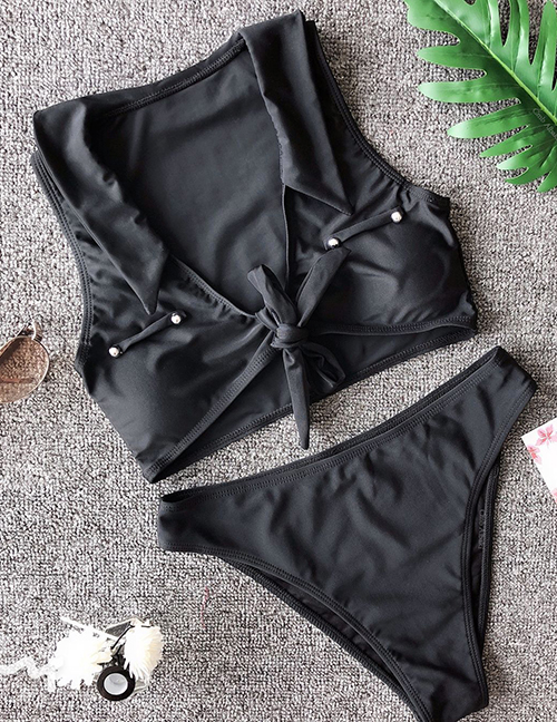 Fashion Black Studded Solid Color Bikini