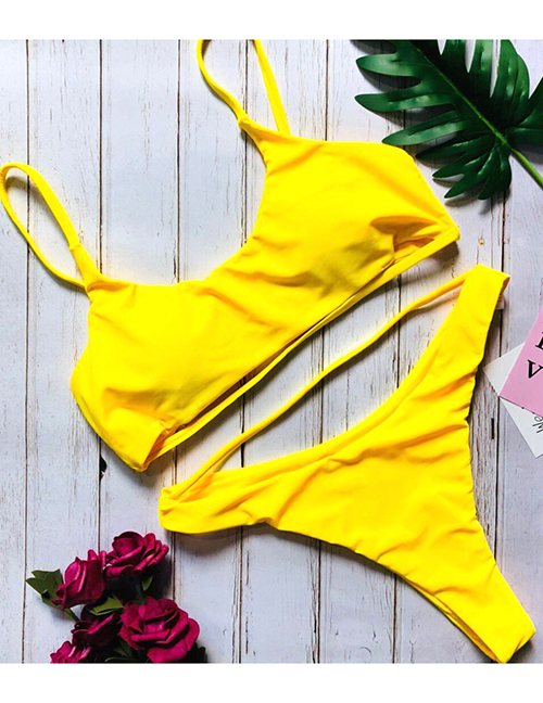 Fashion Bright Yellow Split Openwork Swimsuit