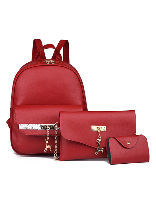 Fashion Red Three-piece Pure Color Backpack