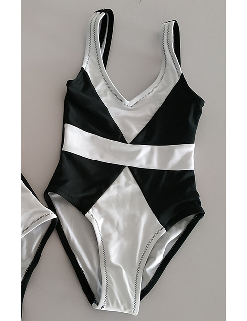 Child Black And White Stitching Parent-child Printed Triangle One-piece Swimsuit