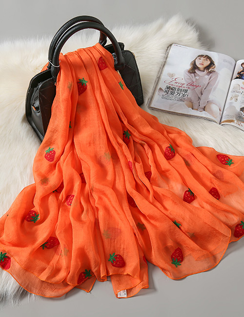 Fashion Orange Chiffon Embroidered Strawberry Scarf