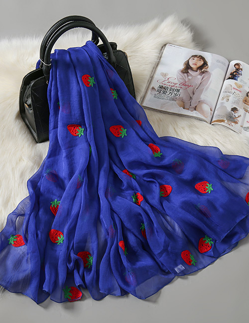 Fashion Royal Blue Chiffon Embroidered Strawberry Scarf