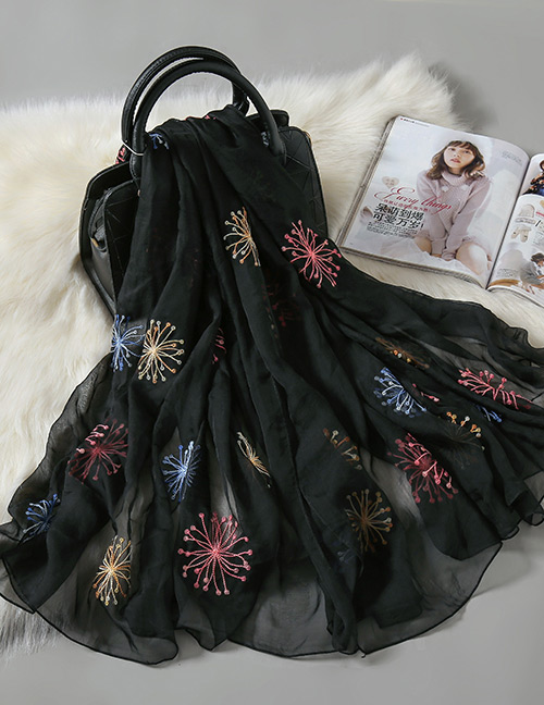 Fashion Black Chiffon Embroidery Chrysanthemum Scarf