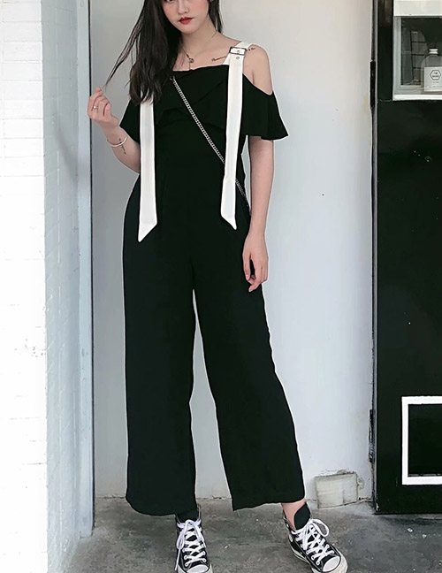 Fashion Black Solid Color Strap Jumpsuit