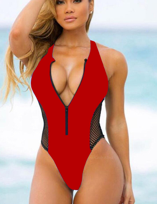 Red Mesh Bikini Zipper One-piece Swimsuit