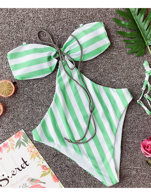 Green Striped One-piece Swimsuit Bikini Print
