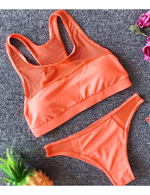 Orange Pink Vest Mesh Bikini Split Swimsuit