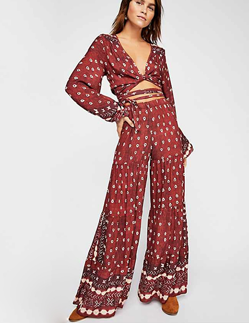 Red Tops Pants Two-piece V-neck Tie Long Sleeve Sleeve