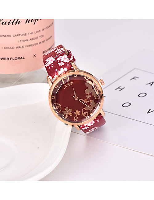 Fashion Red Wine Alloy Electronic Element Pu Printing Watch