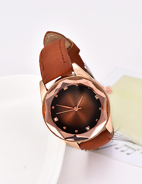Fashion Brown Pu Diamond-encrusted Alloy Electronic Element Octagonal Watch