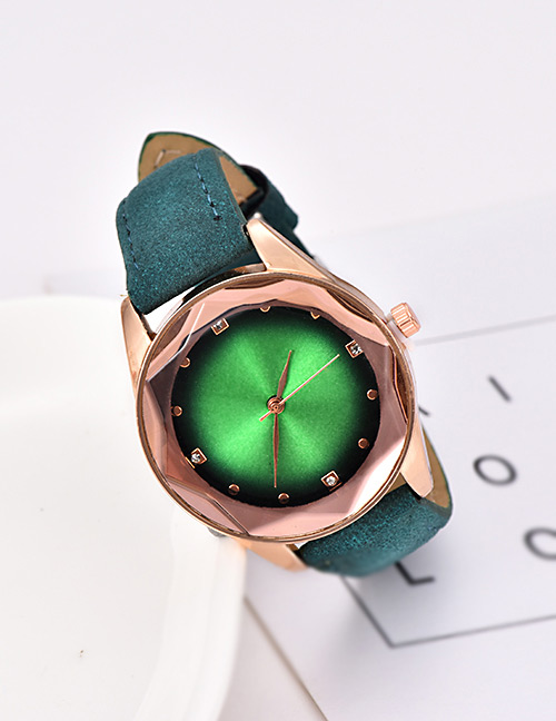 Fashion Dark Green Pu Diamond-encrusted Alloy Electronic Element Octagonal Watch