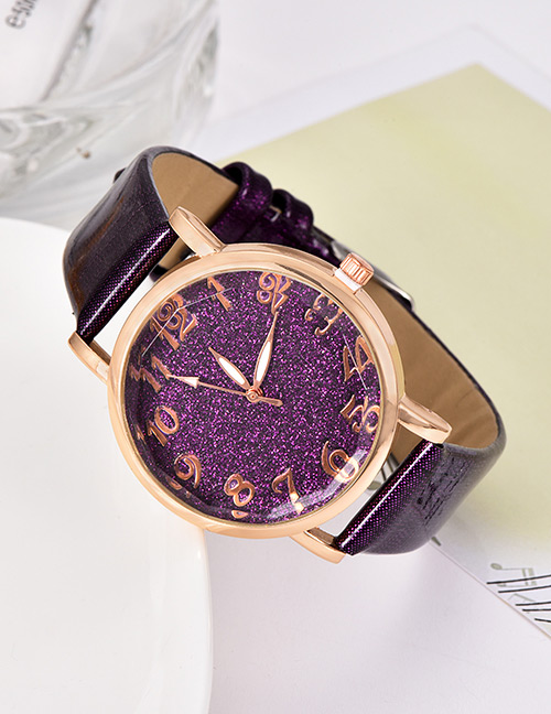 Fashion Dark Purple Pu Sequin Alloy Electronic Watch