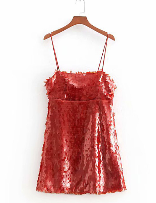 Fashion Red Sequined Splicing Halter Strap Dress