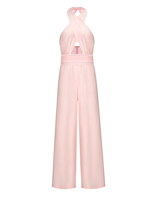 Fashion Pink Cross-hanging Halter Wide-leg Jumpsuit