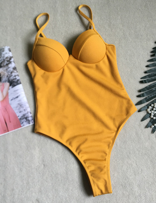 Yellow Solid Color One-piece Bikini Hard Steel Plate Swimsuit Integrated Backless