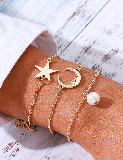 Fashion Gold Moon Star Pearl Pendant 3 Piece Bracelet