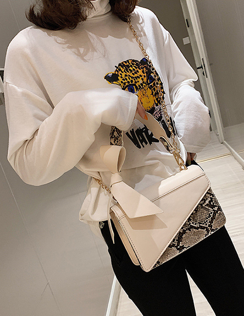 Fashion White Snakeskin Small Square Bag Bow Handbag Chain Shoulder Bag