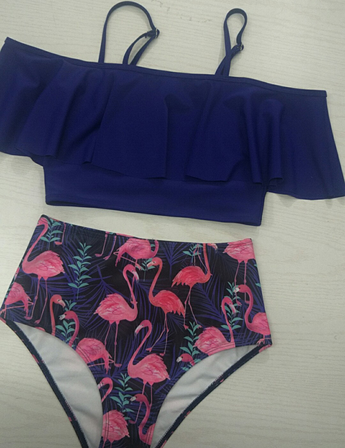 Fashion Black Flamingo Ruffled Shoulder High Waist Bikini