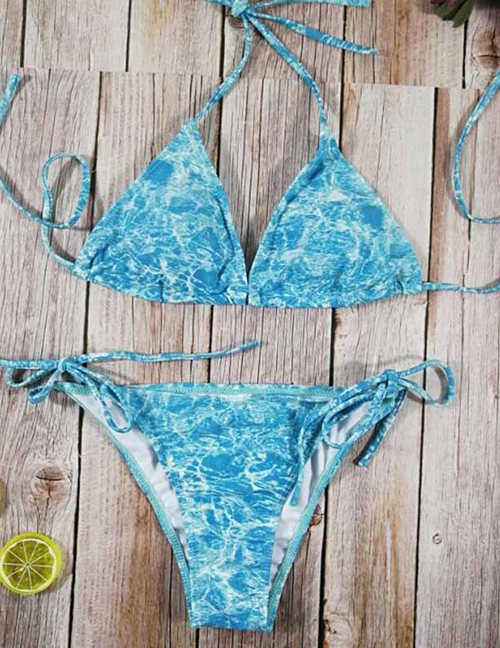 Fashion Light Blue Marble Bandage Printed Split Bikini