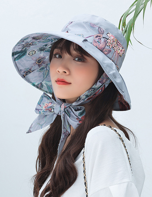 Fashion Gray Cotton Printed Fabric Straps With Bows And Big Hats