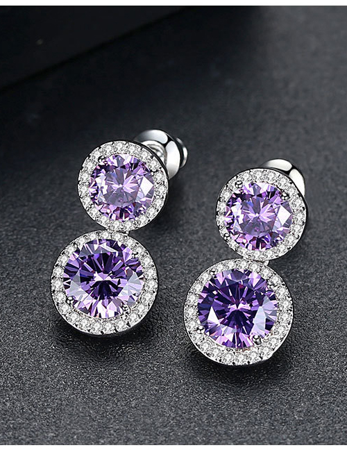 Fashion Purple Copper Plated White Gold And Zircon Stud Earrings
