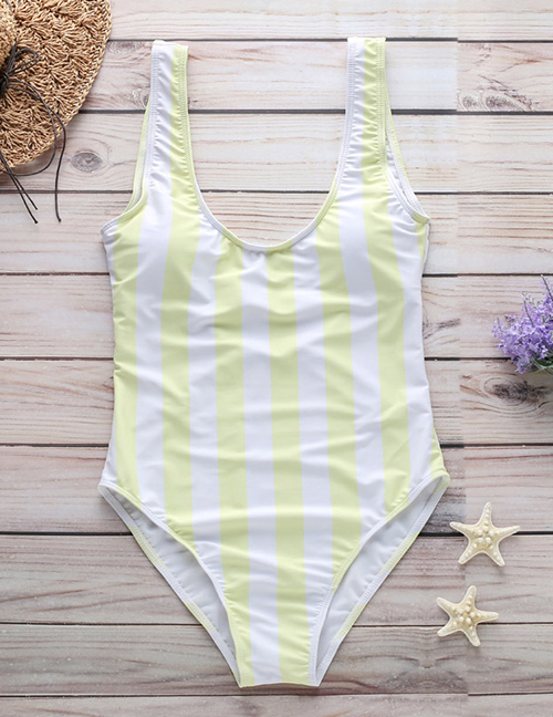 Fashion Yellow Striped Print One-piece Swimsuit