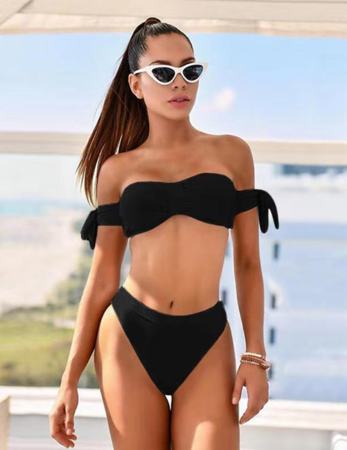 Fashion Black Solid Color Bandeau Straps Split Bikini