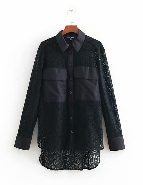 Fashion Black Solid Color Lace Stitching Pocket Lapel Long Sleeve Shirt