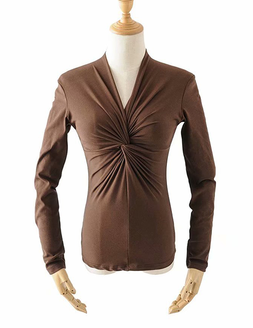 Fashion Coffee Solid Color Knotted Pleated Bottoming Long-sleeved T-shirt