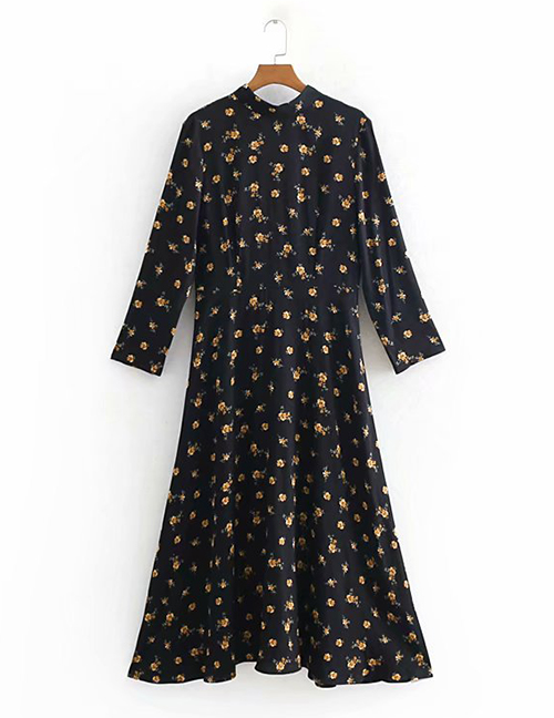 Fashion Black Flower Print Pullover Dress