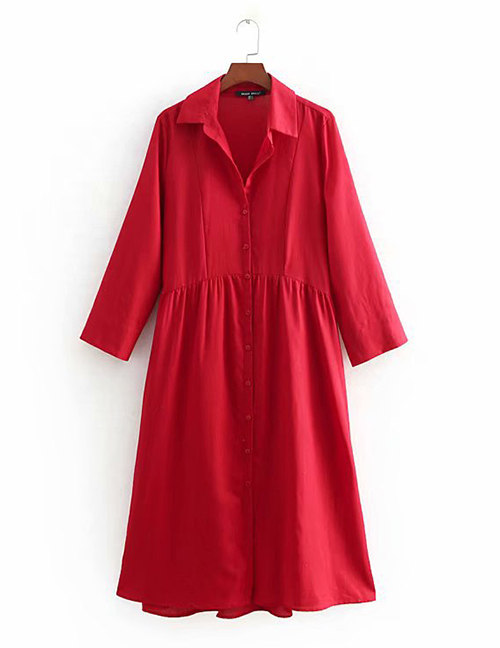 Fashion Red Solid Color Linen Long Lapel Single-breasted Dress